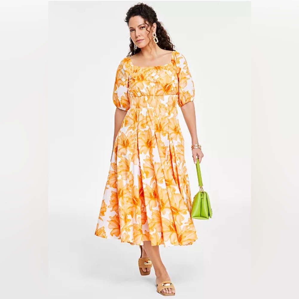 Cotton Sunset Floral Puff-Sleeve Midi Dress - Yellow Size Large Petite